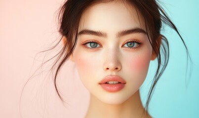 Asian female model with flawless skin is captured in a close-up portrait, her delicate features and radiant complexion highlighted by the pastel color, Generative AI