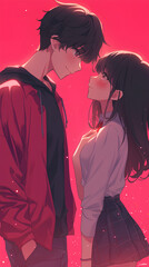 Wall Mural - Young male and female anime couple dating, vertical simple background