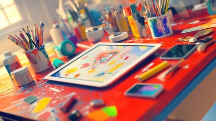 Wall Mural - Colorful art supplies on a red table with a tablet and a smartphone.