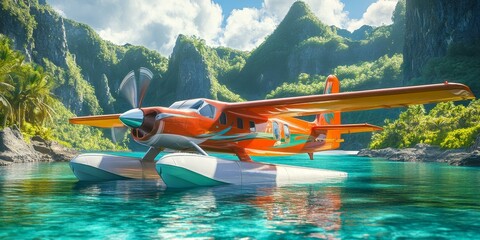 Wall Mural - Orange seaplane floats in turquoise water near lush cliffs.