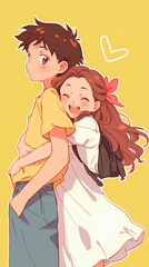 Sticker - Young male and female anime couple dating, vertical simple background