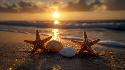 Two starfish and three seashells on a sandy beach at sunset.