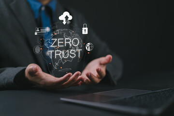 Fototapete - Zero trust security concept, Businessman holding virtual zero trust icon for business information security network.