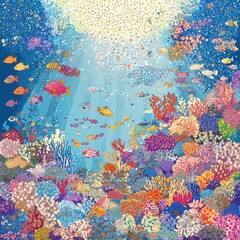 Wall Mural - Colorful Underwater Scene with Coral Reef and Tropical Fish