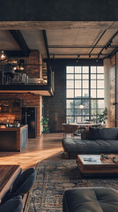 This is the modern interior of a high-rise building. This is a partial photo of the interior where red brick, exposed concrete, sofas, and decorations are harmoniously arranged. Generative AI