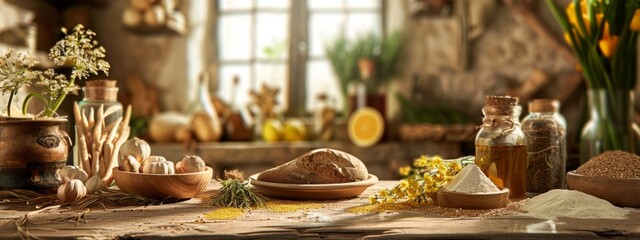 Rustic kitchen setting with fresh bread and ingredients on a wooden table