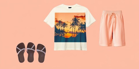 Wall Mural - Beach-themed outfit: white shirt, pink shorts, sandals.