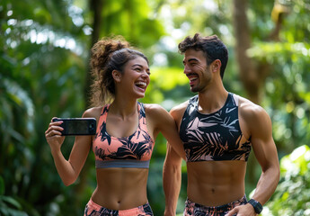 Poster - A happy man and woman in sportswear are walking through the park, laughing while taking a break from their run