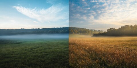 Wall Mural - Foggy field with trees and a clear sky.