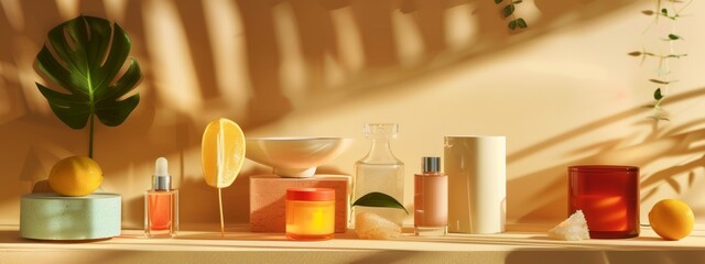 Wall Mural - Minimalist skincare products with citrus elements in warm sunlight