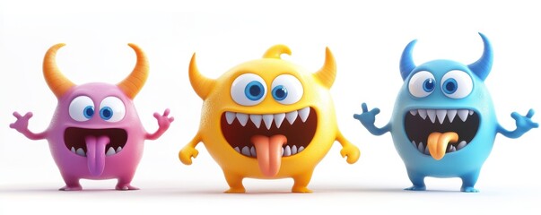 Wall Mural - Spooky Cute Halloween Monster 3D Set - Cartoon Baby Characters with Colorful Features on White Background