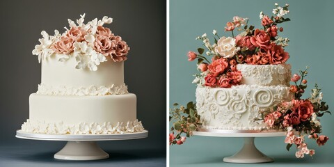 Two white wedding cakes decorated with flowers.