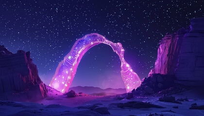 A blue archway is in the middle of a desert with a purple sky