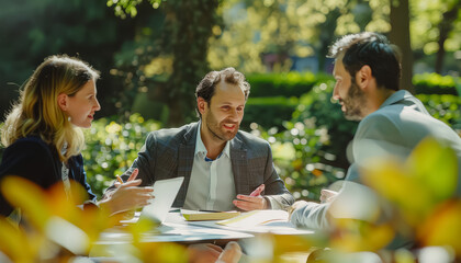 Wall Mural - A man in a suit is talking to two women in a park