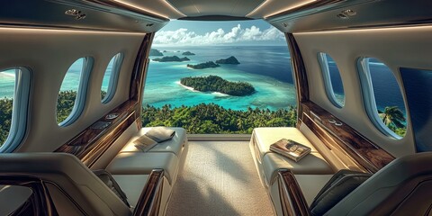 Wall Mural - Luxury private jet interior overlooking tropical islands.