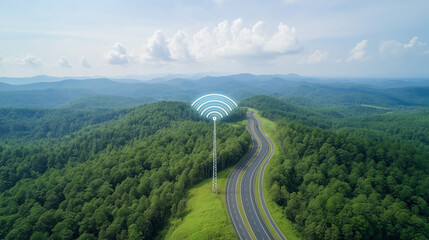 Wall Mural - 5g cell tower by the highway, daytime scene, professional camera shooting.