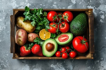 Wall Mural - A wooden box filled with seasonal fruits and vegetables, ideal for still life photography or as a prop for food or health-related concepts