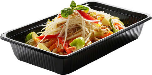 Fresh and colorful salad with vibrant vegetables in a black plastic container, perfect for healthy dining options.