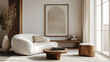 © Village - Interior design of modern living room with accent white armchair and frame on wall,White sofa and accent coffee table against arch wall,japandi interior design of modern living room, Minimalist, Ai