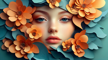 Wall Mural - Woman's face surrounded by paper flowers and leaves.