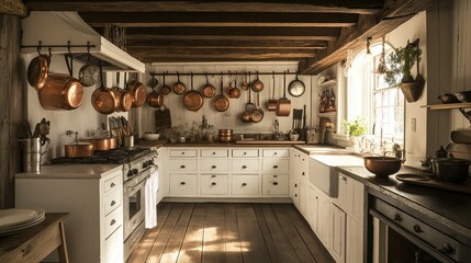 Poster - A charming Colonial kitchen with white cabinets, copper pots hanging from a rack