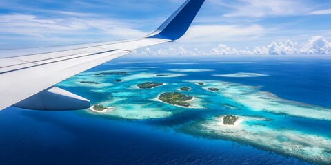 Wall Mural - Airplane wing over tropical islands and blue water.