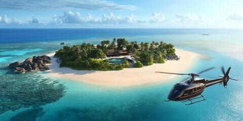 Wall Mural - Helicopter flying over tropical island with a pool.