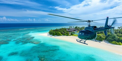 Wall Mural - Helicopter flying over tropical island paradise.