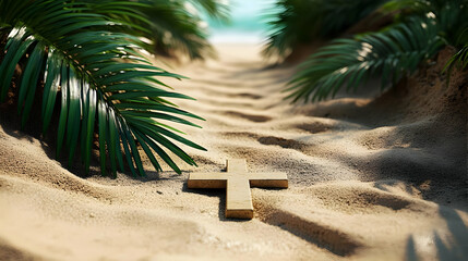 Wooden cross on a beach surrounded by palm leaves.