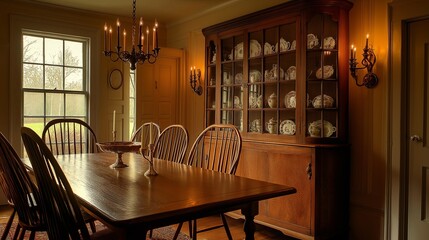 Poster - An elegant Colonial dining space with a heavy wooden table, Windsor chairs