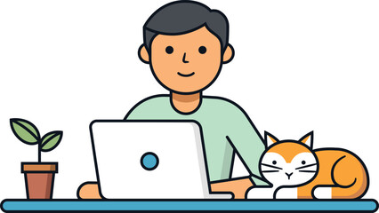 A programmer guy sits at a table with a laptop and a cat