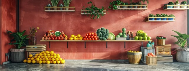 Colorful display of fresh produce in a bright, modern market