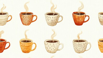 Poster -   A collection of steaming coffee mugs on a white backdrop