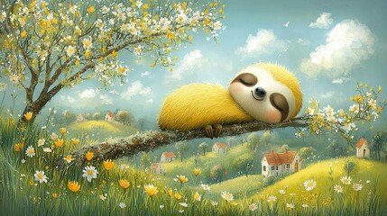 Poster -   A Slotty naps on a tree branch while a house looms in the background and flowers bloom in the foreground