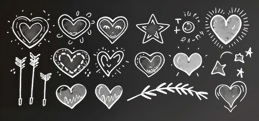 Hand Drawn Hearts, Stars and Arrows on Black Background