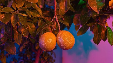   Two oranges dangling from a tree before a lavender wall with lush green foliage and water droplets cascading off the leaves