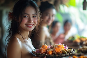 Young woman holding plate of food with friends at restaurant