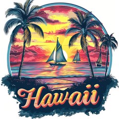 Wall Mural - Sailboats sailing at sunset near the beach in hawaii