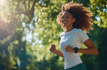 Wall Mural - a smiling woman in sportswear running in the park, wearing a white cap and a smartwatch on her wrist