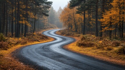 Wall Mural - Winding asphalt road leading through autumn forest