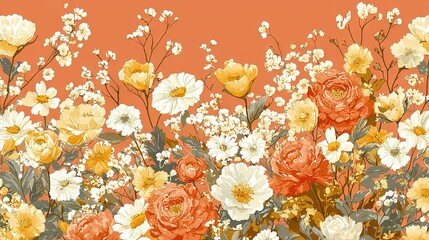 Poster -  Orange background with white and yellow flowers in center of frame