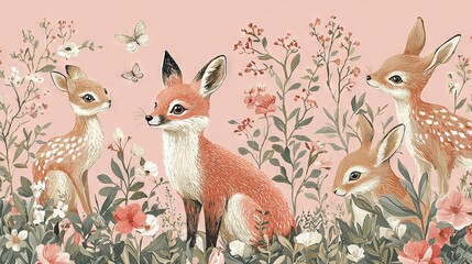 Canvas Print -  Two foxes, a baby deer, flowers, and a butterfly on a pink background - Painting