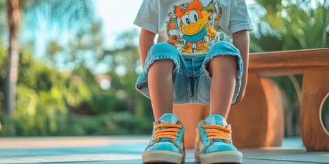 Child wearing blue jeans and colorful shoes.