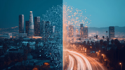 Sticker - split screen. left side is hollywood. right side is the world of blockchain. a bridge connects both sides, cinematic.