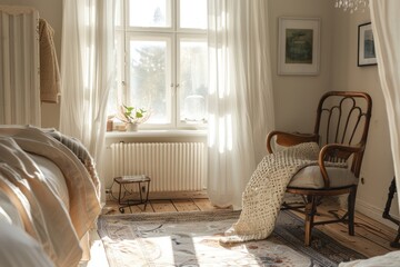 Sticker - A quiet moment in a cozy bedroom with a comfortable chair and a window letting in natural light