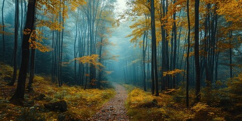 Wall Mural - Sun shining through autumn forest with golden leaves covering dirt road