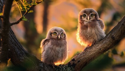 Dos jóvenes búhos observan el mundo moverse a su alrededor desde las altas ramas de un árbol