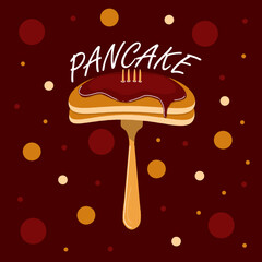 Wall Mural - National Pancake Day event food banner. Two pancakes with jam topping pierced with a golden fork on a dark red background to celebrate September 26th