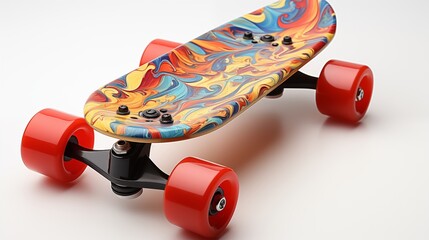 skateboard with colorful patterns isolated on white background.