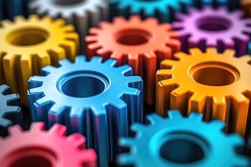 Aufkleber - Colorful metallic gears connecting together forming a machine